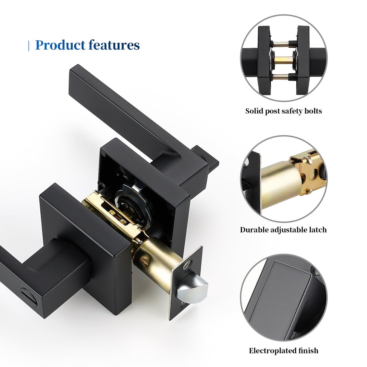 Ravinte Heavy Duty Door Lever Door Lock Square Door Handle Right Left Handing Lever Set Matte Black Finish Privacy Door Levers for Bed and Bath Room Keyless Interior Handles Door Lock Set