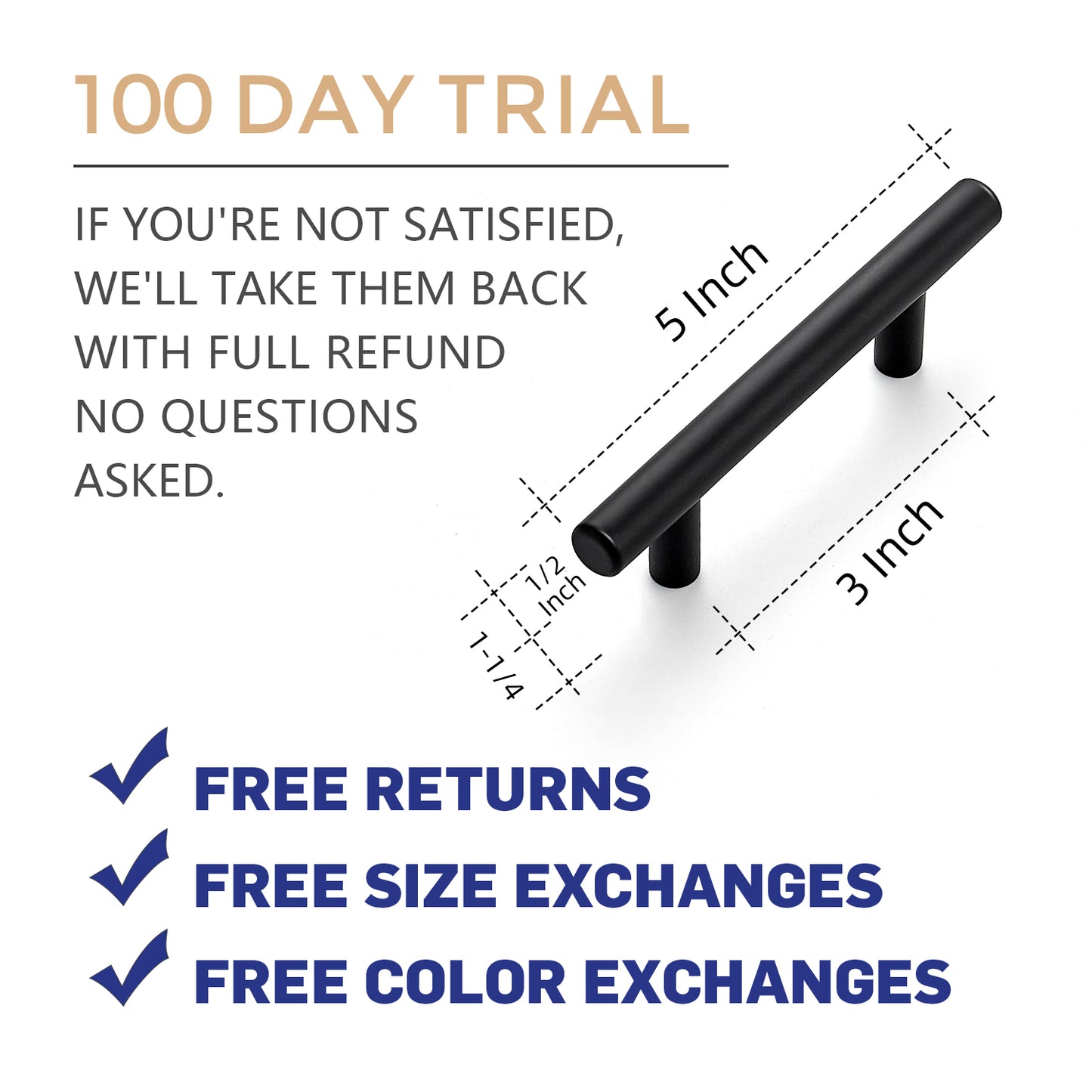 30 Pack | 5'' Cabinet Pulls Matte Black Stainless Steel Kitchen Drawer Pulls Cabinet Handles 5”Length, 3” Hole Center