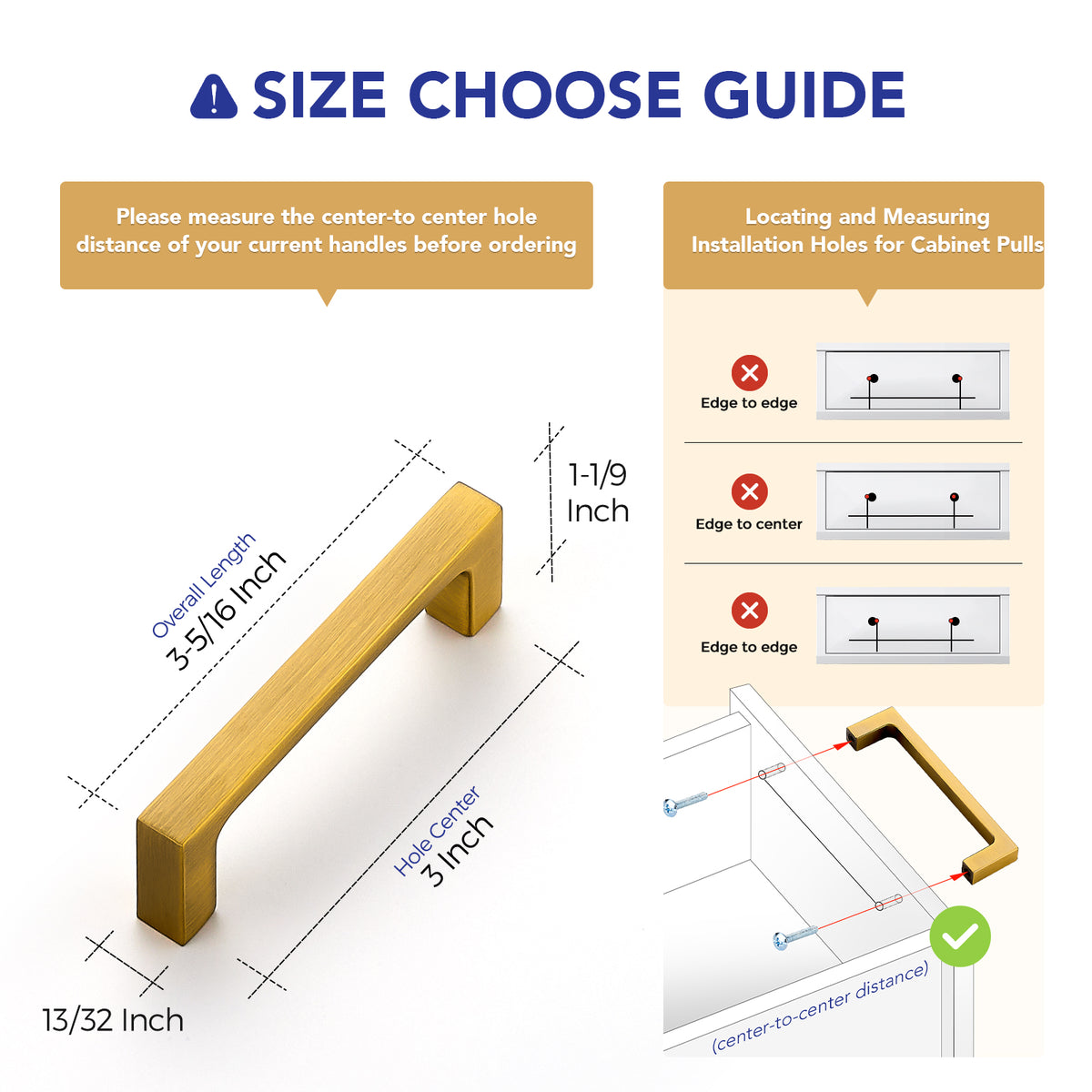 Ravinte Vibrant Brushed Brass Solid Cabinet Handles Square Pulls | Square Design, Deep-Thread Firm Base, Solid Zinc Alloy, Modern Slim Style, Screws Included, for Kitchen Drawers & Cupboards