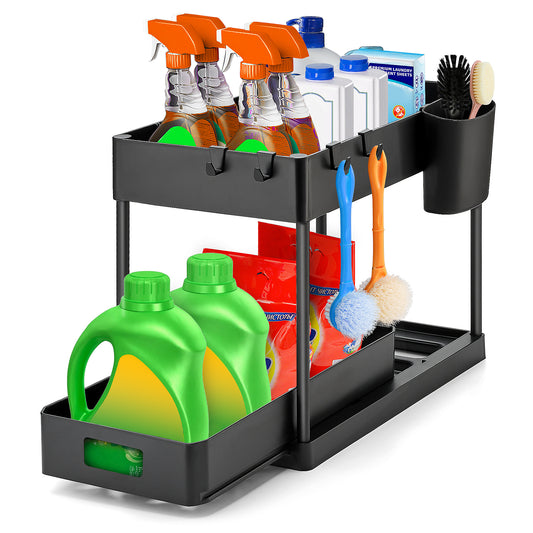 Ravinte  Pull Out Under Sink Organizer 2 Tier Multi Purpose Sink Organizers Storage For Bathroom Kitchen Sink Storage Organizer With Hook & Hanging Cup Matte Black Sliding Cabinet Organizer